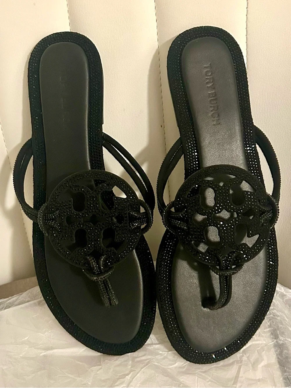 Tory Burch Black Crystal Logo Thong Sandals
